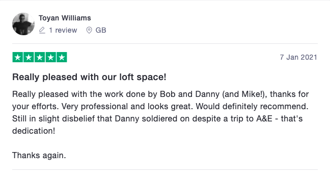 five star review from a customer pleased with the work