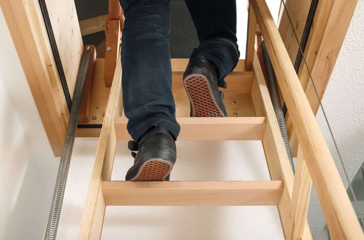 wooden loft ladder in use